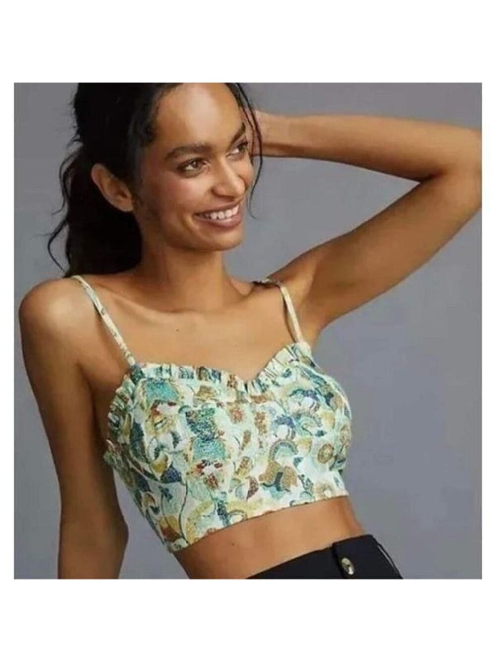 Anthropologie Floral Print Ruffle Edged Crop Top Blouse Size Small